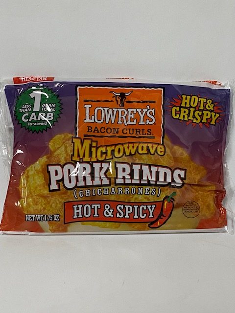Lowrey’s Bacon Curl Microwave Pork Rinds hot n spicy