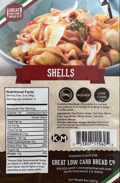 Great Low Carb Bread Company Pastas Shells